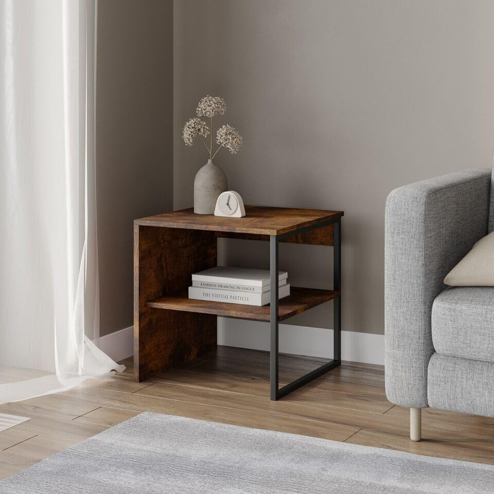 Rustic Wood & Metal Side Table – 40cm Square with Open Shelf, Ideal for Sofa/Bed