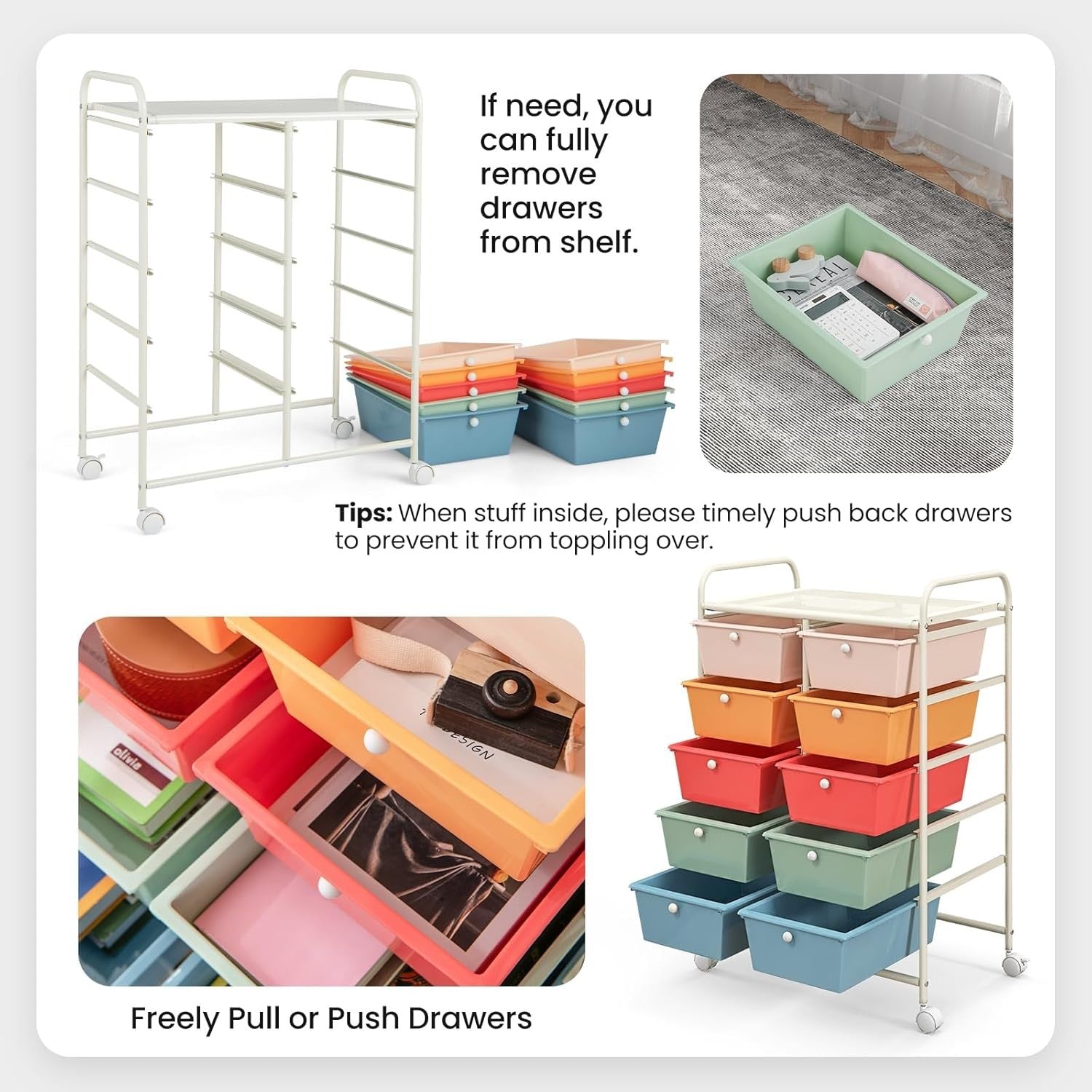 10 Drawer Rolling Storage Cart Mobile Organizer Trolley Lockable Wheels