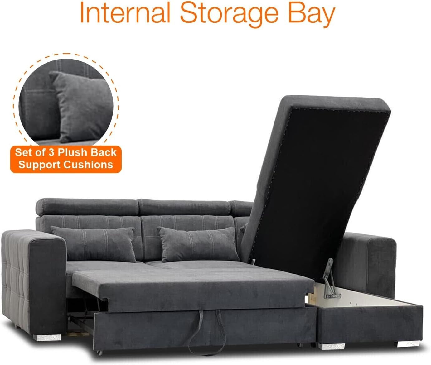 Grey Velvet L Shaped Sofa Bed w/ Storage Pull-Out 3 Seater Reversible
