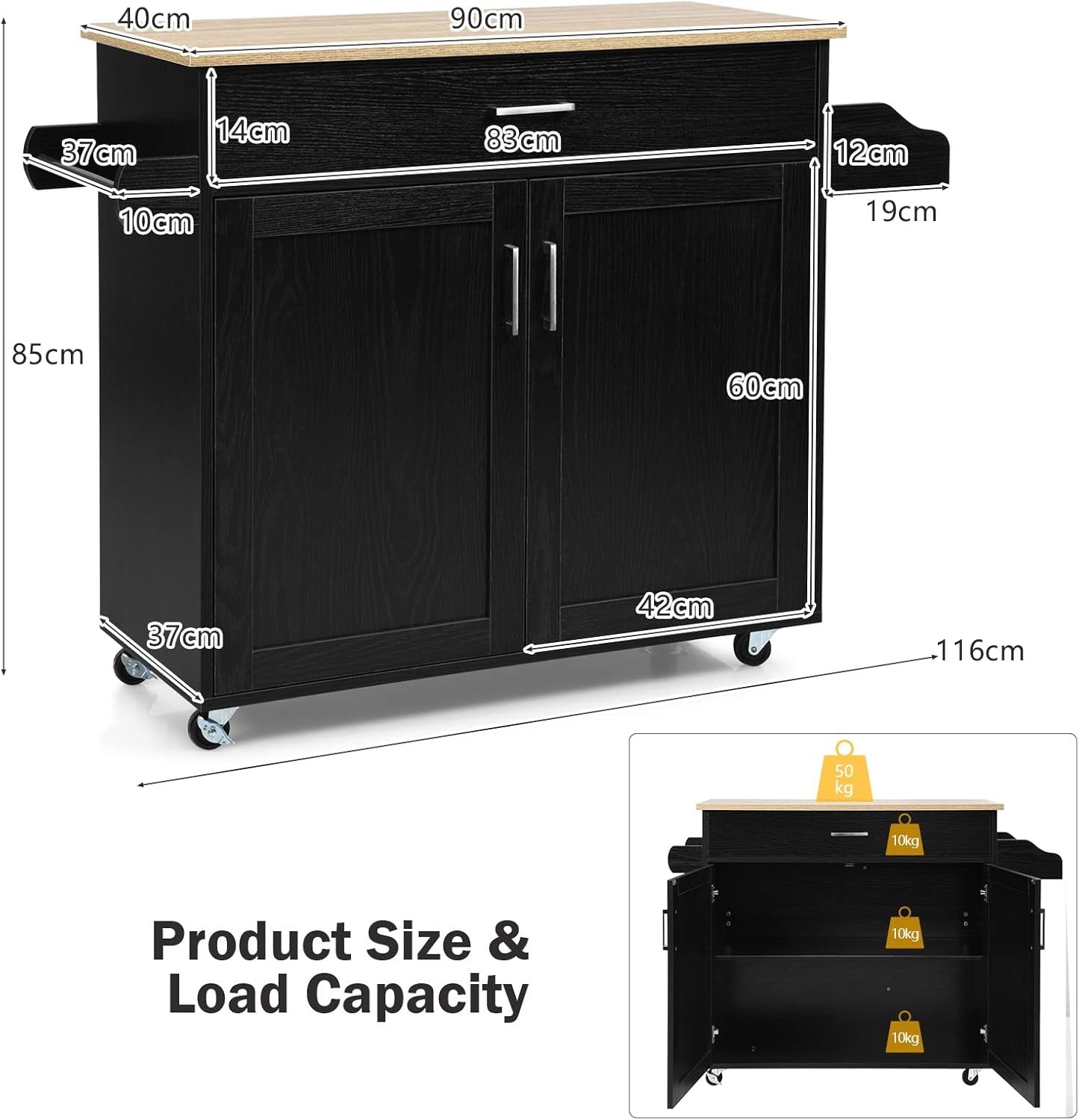 Kitchen Island Trolley on Wheels Storage Cabinet Drawer Worktop
