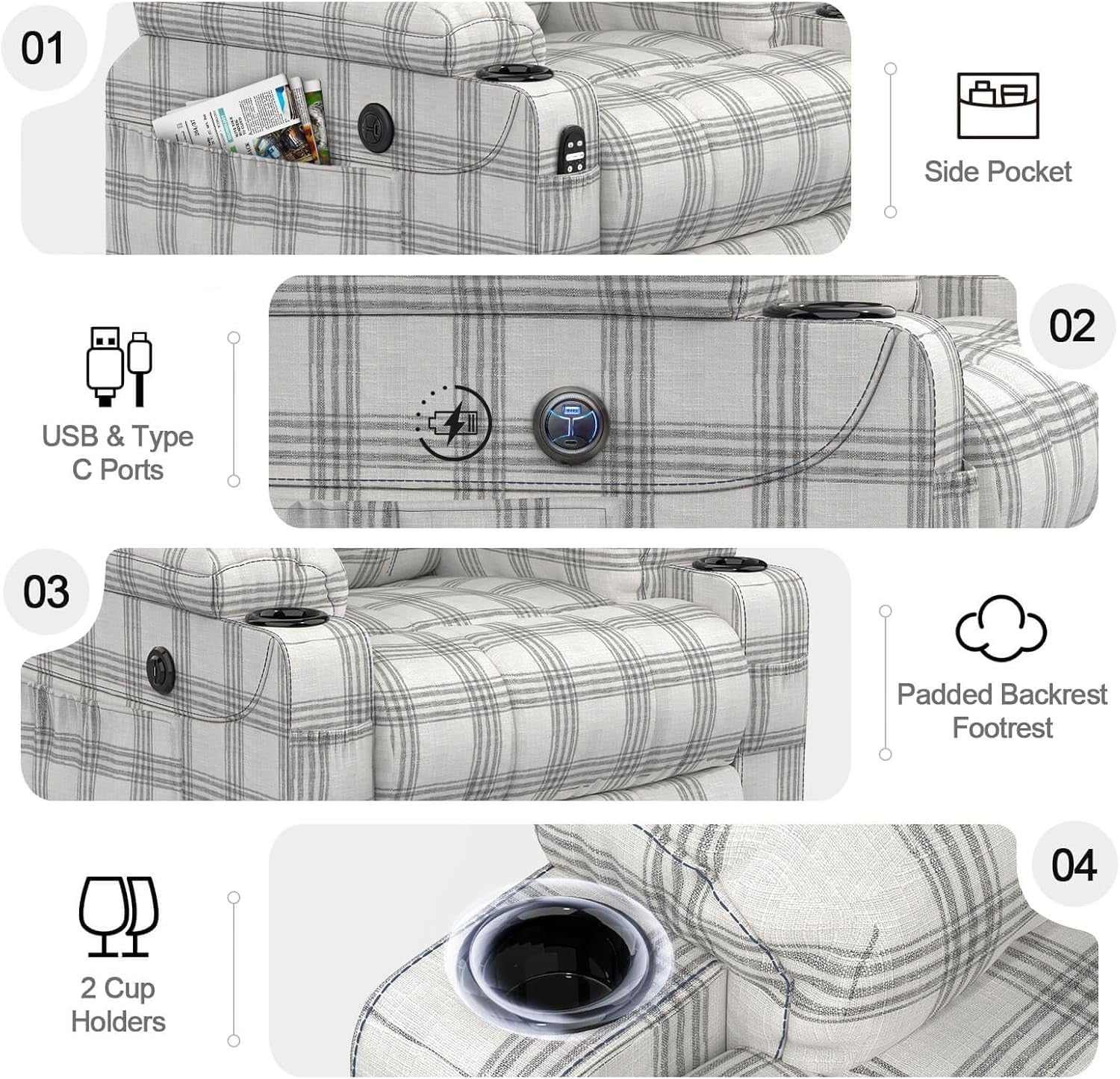 Power Lift Recliner Chair Massage Heat USB Type-C White Plaid Vinyl Cup Holders