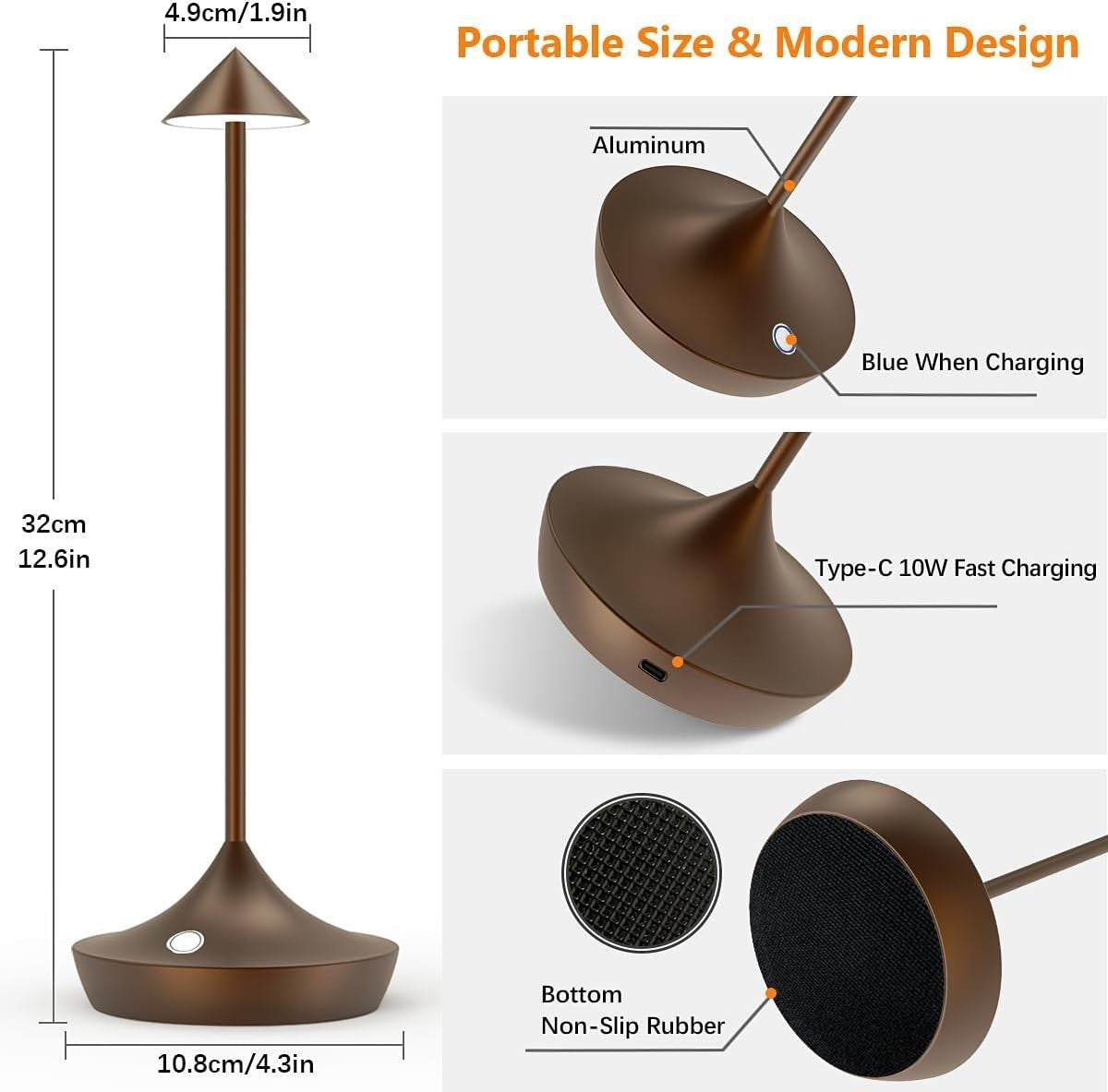 Cordless Rechargeable LED Table Lamps, Dimmable, Portable, 2pcs Brown