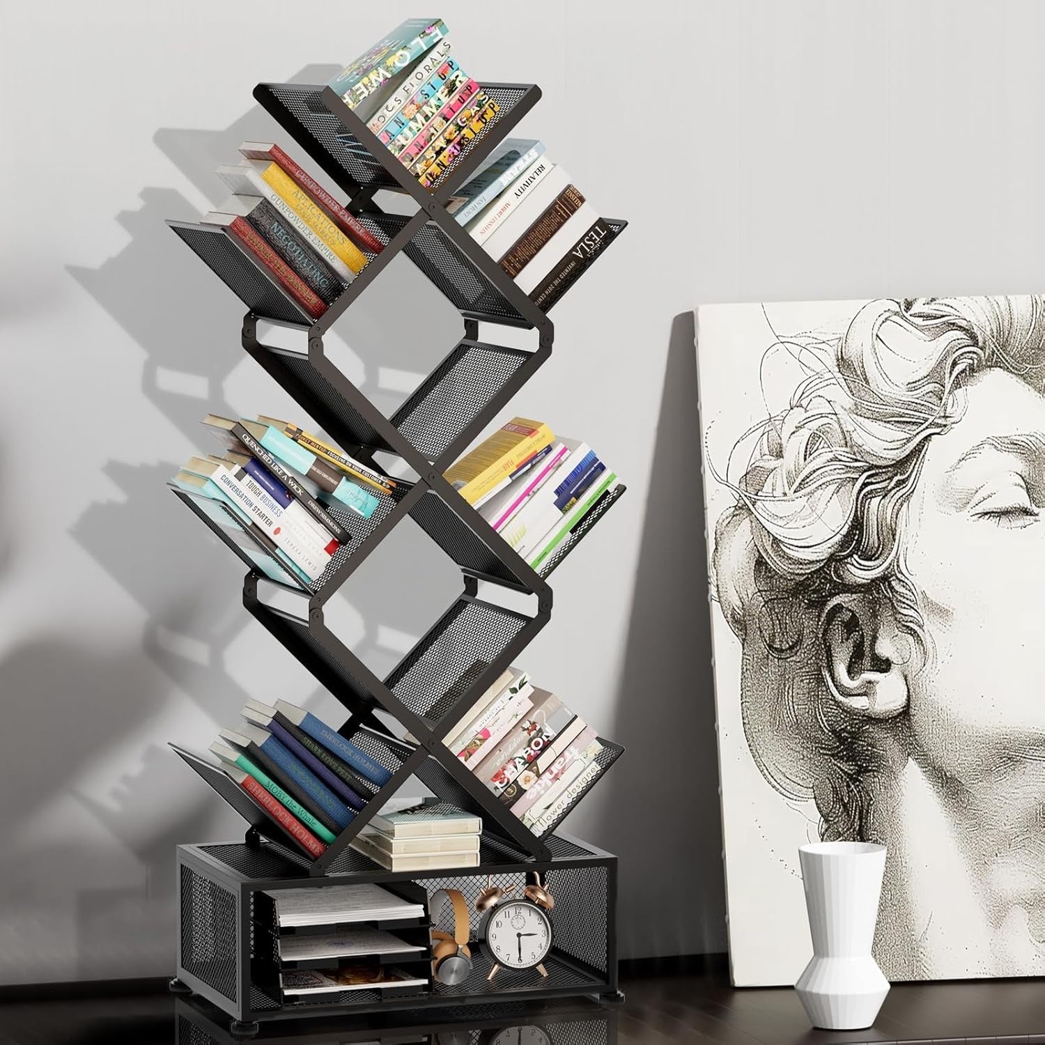 9 Tier Folding Tree Bookshelf Metal Storage Rack No Installation Black