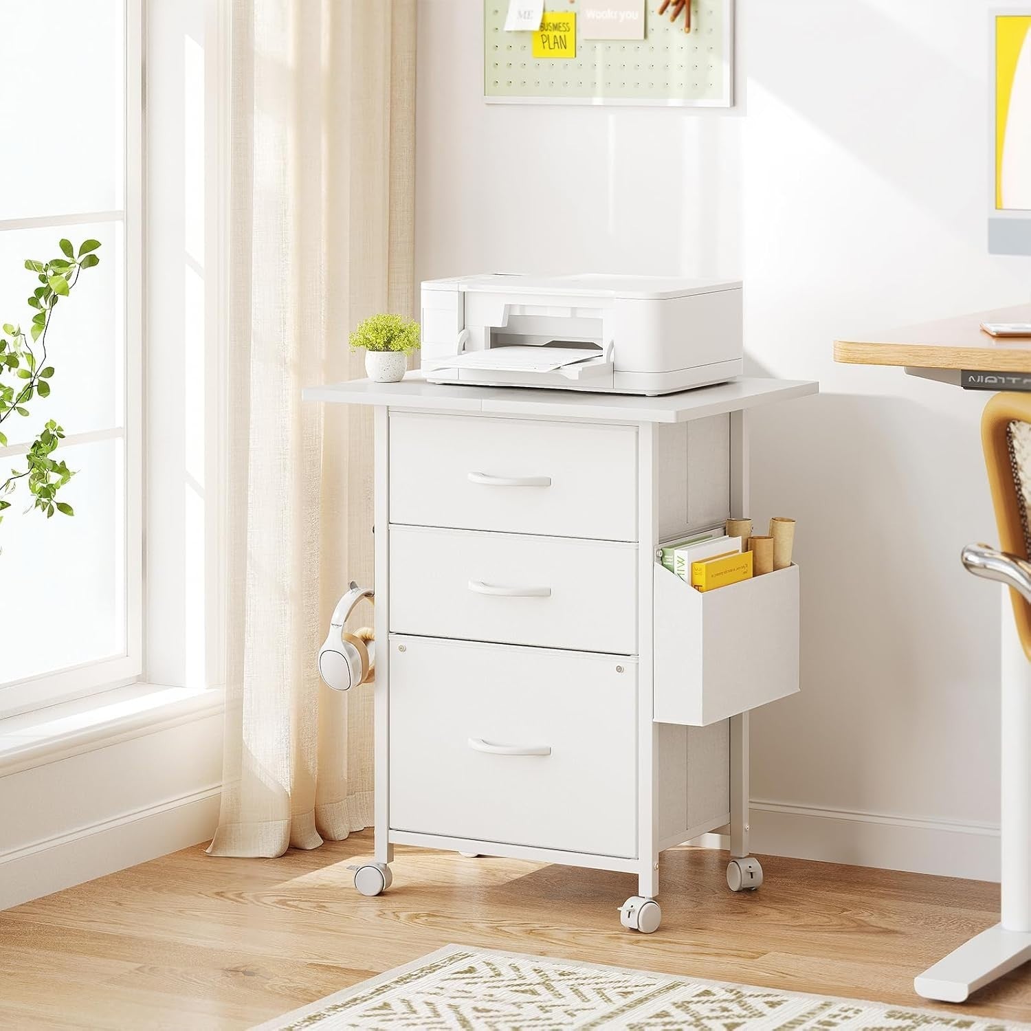 White Mobile File Cabinet 3 Fabric Drawer Rolling Printer Stand