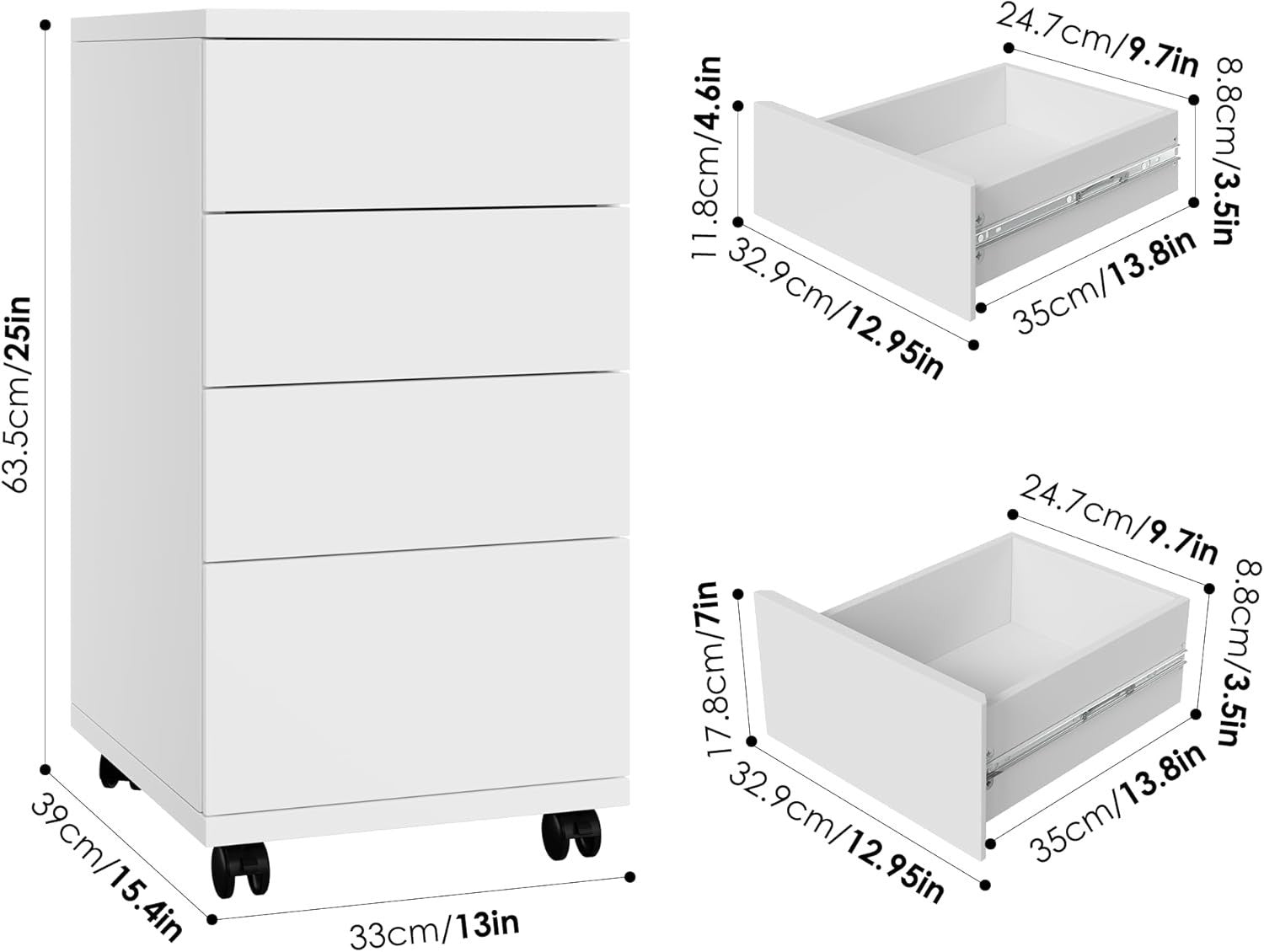 Slim Rolling 4 Drawer Under Desk File Cabinet Mobile Office Storage