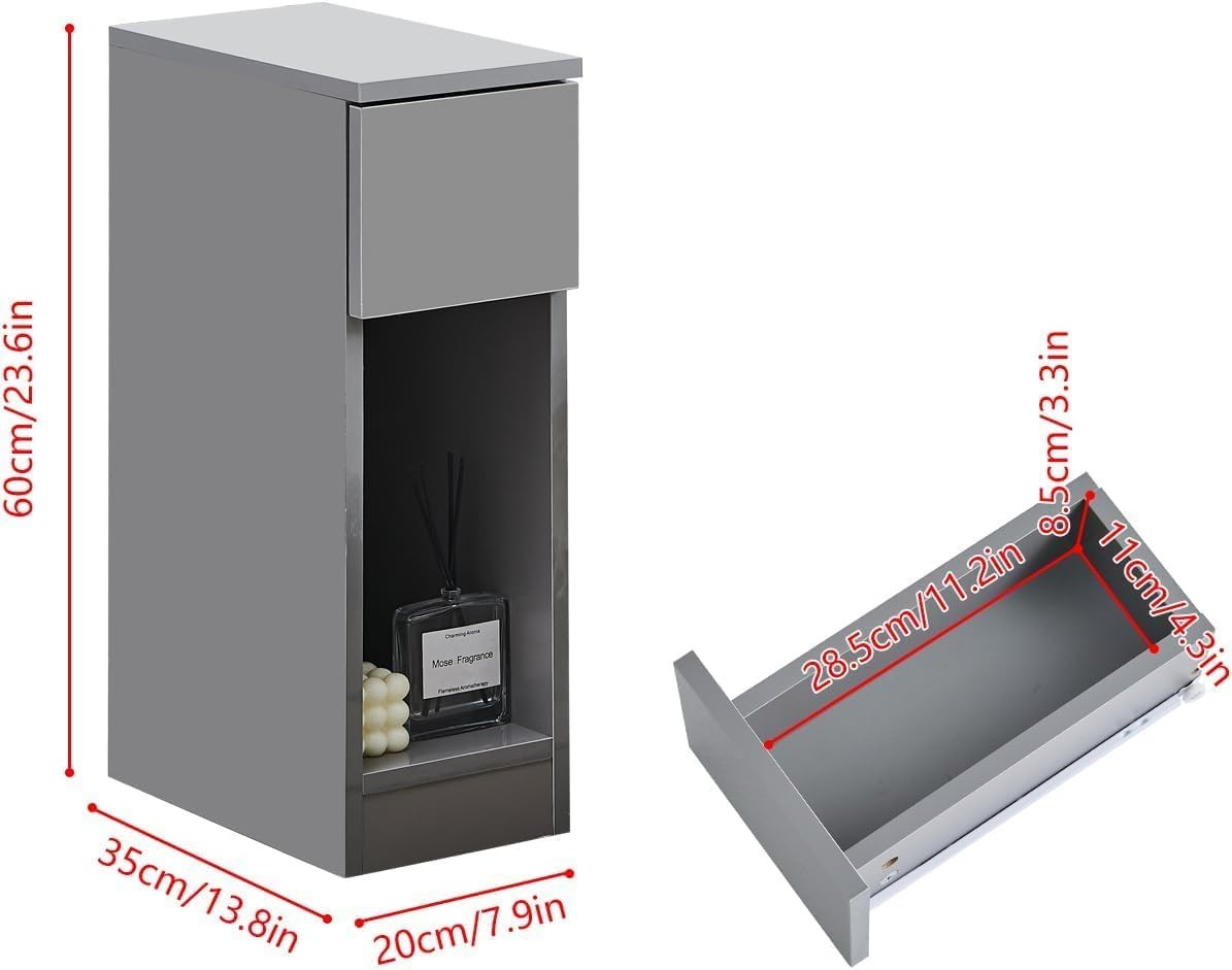 Slim Grey High Gloss Bedside Table with Drawer & Shelf Narrow Nightstand