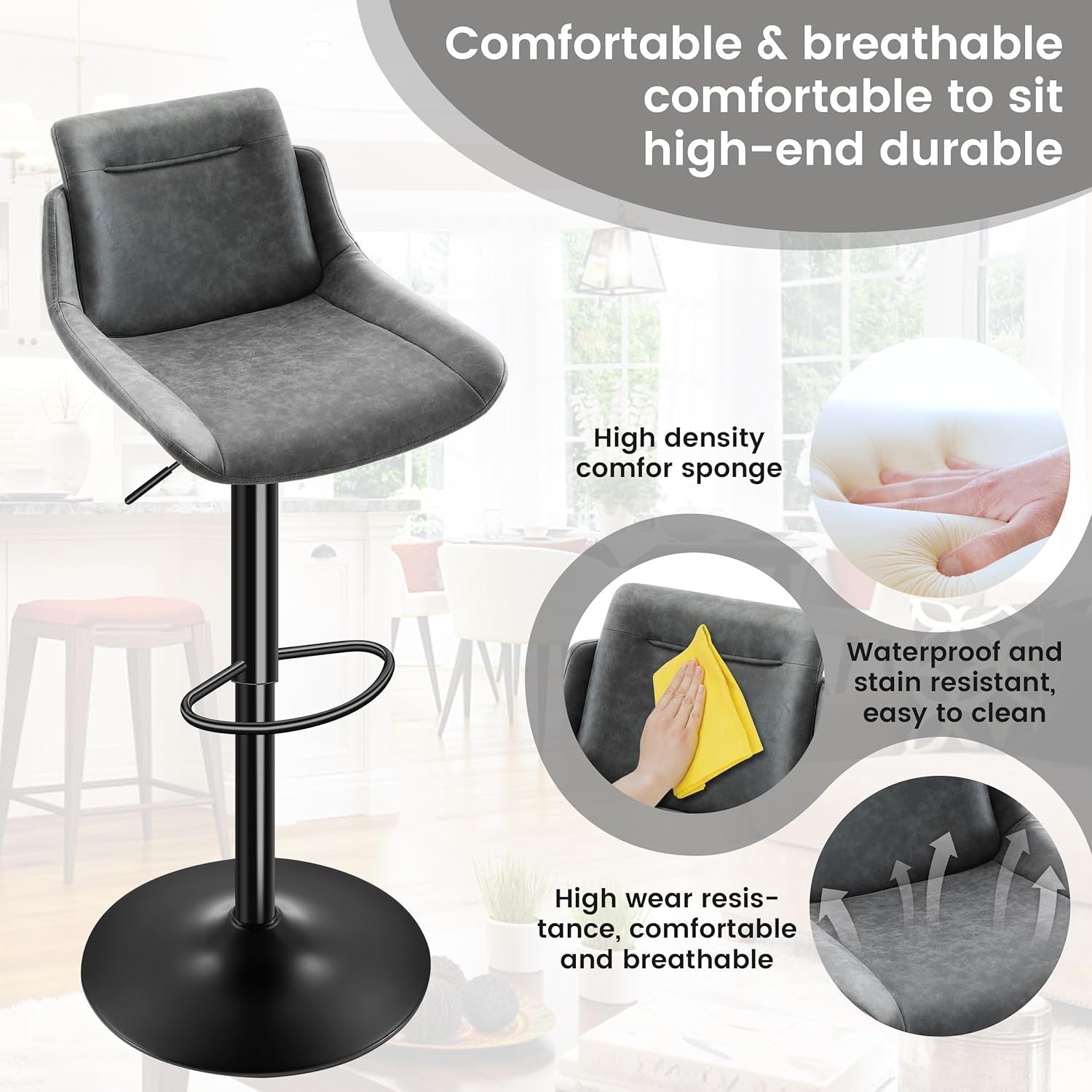Adjustable Grey PU Leather Bar Stools Set of 2 Swivel Kitchen Counter