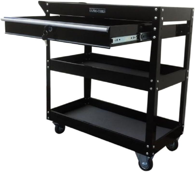 Lockable Tool Cart Rolling Workshop Trolley with Drawer Steel Storage Cabinet