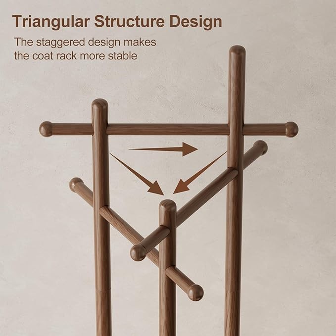 Walnut Wooden Coat Rack Stand | 3 Shelves Rotating 9 Hooks Hall Tree Organiser