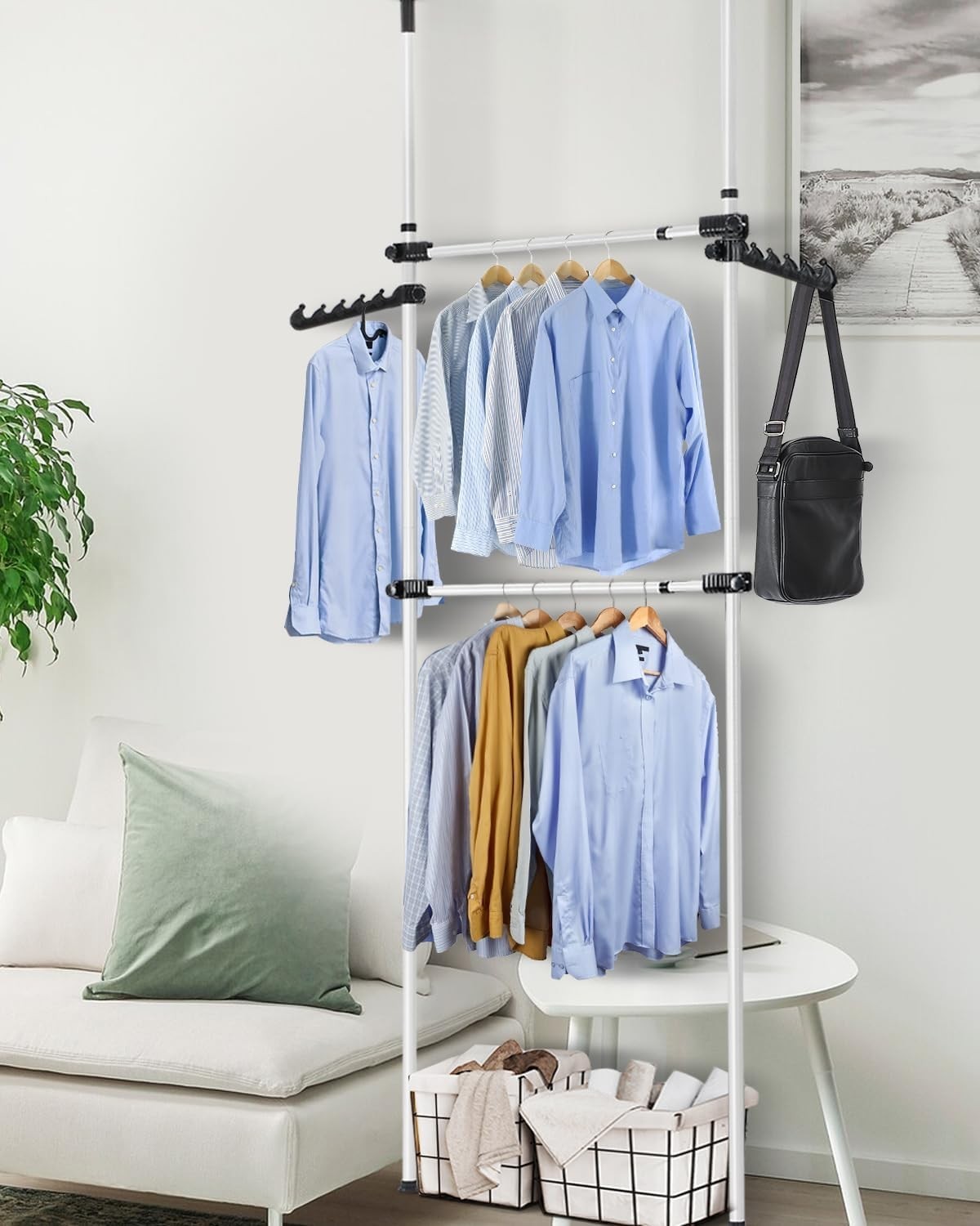 Adjustable Hanging Clothes Rail with 2 Bars White 270–320cm