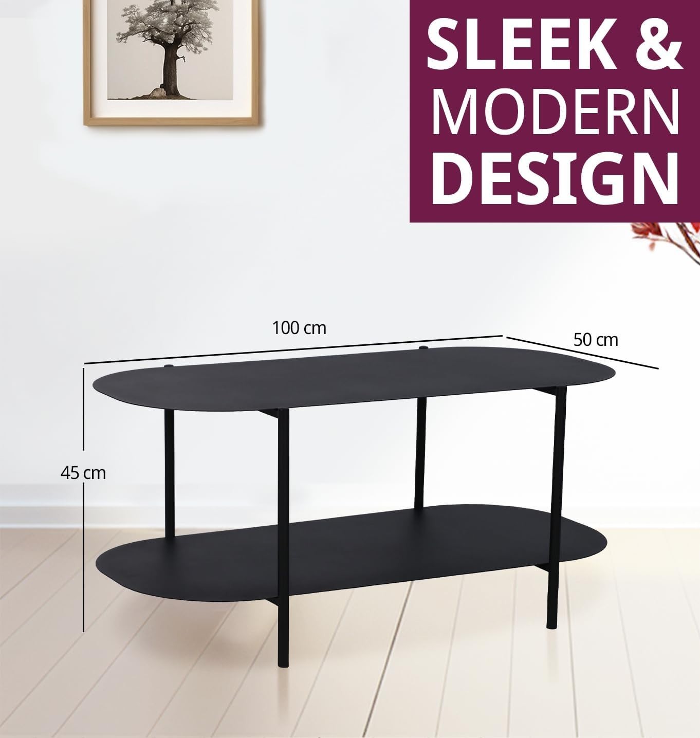Black Oval Coffee Table with Shelf, Metal Frame 100x50x45cm