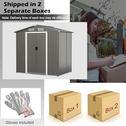 6x4FT Metal Garden Shed Outdoor Storage House Lockable Sliding Doors Grey