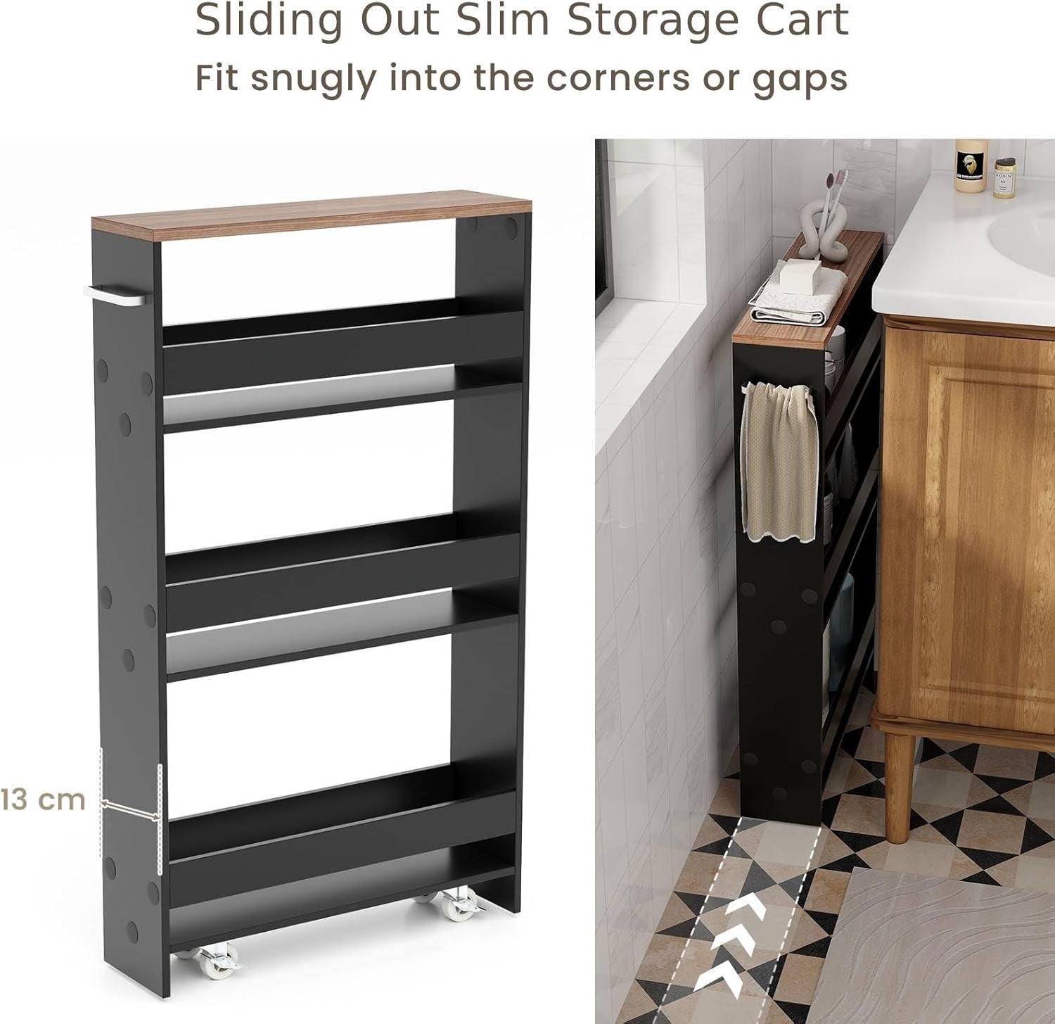 4 Tier Slim Kitchen Storage Trolley Rolling Cart Black Brown Narrow