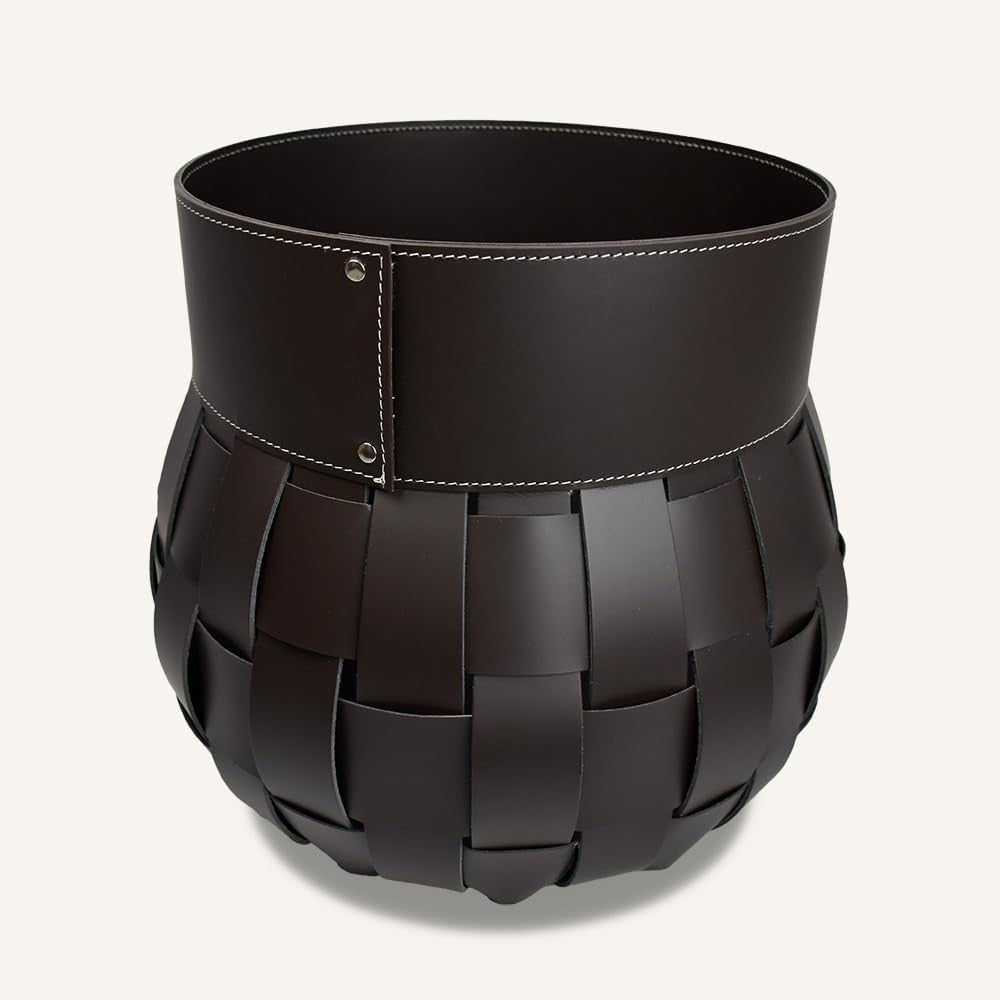 Dark Brown Leather Firewood Basket with Wheels – Indoor Log Holder, 45x45x48 cm