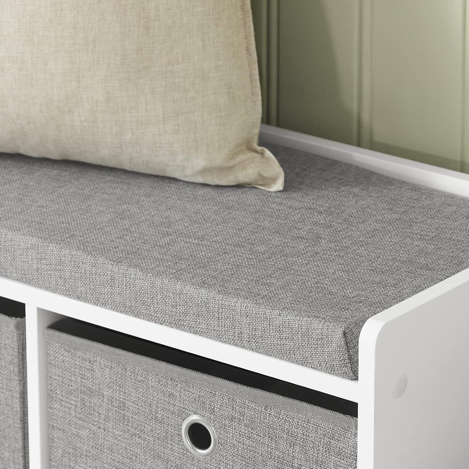 Modern Storage Bench with 3 Fabric Baskets & Cushion | Shoe Rack Cabinet