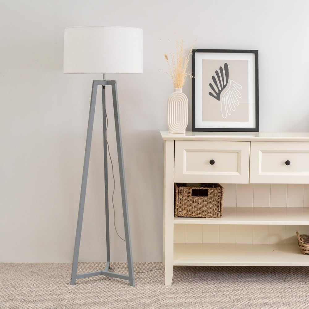 Grey Wooden Tripod Floor Lamp White Fabric Drum Shade LED Light