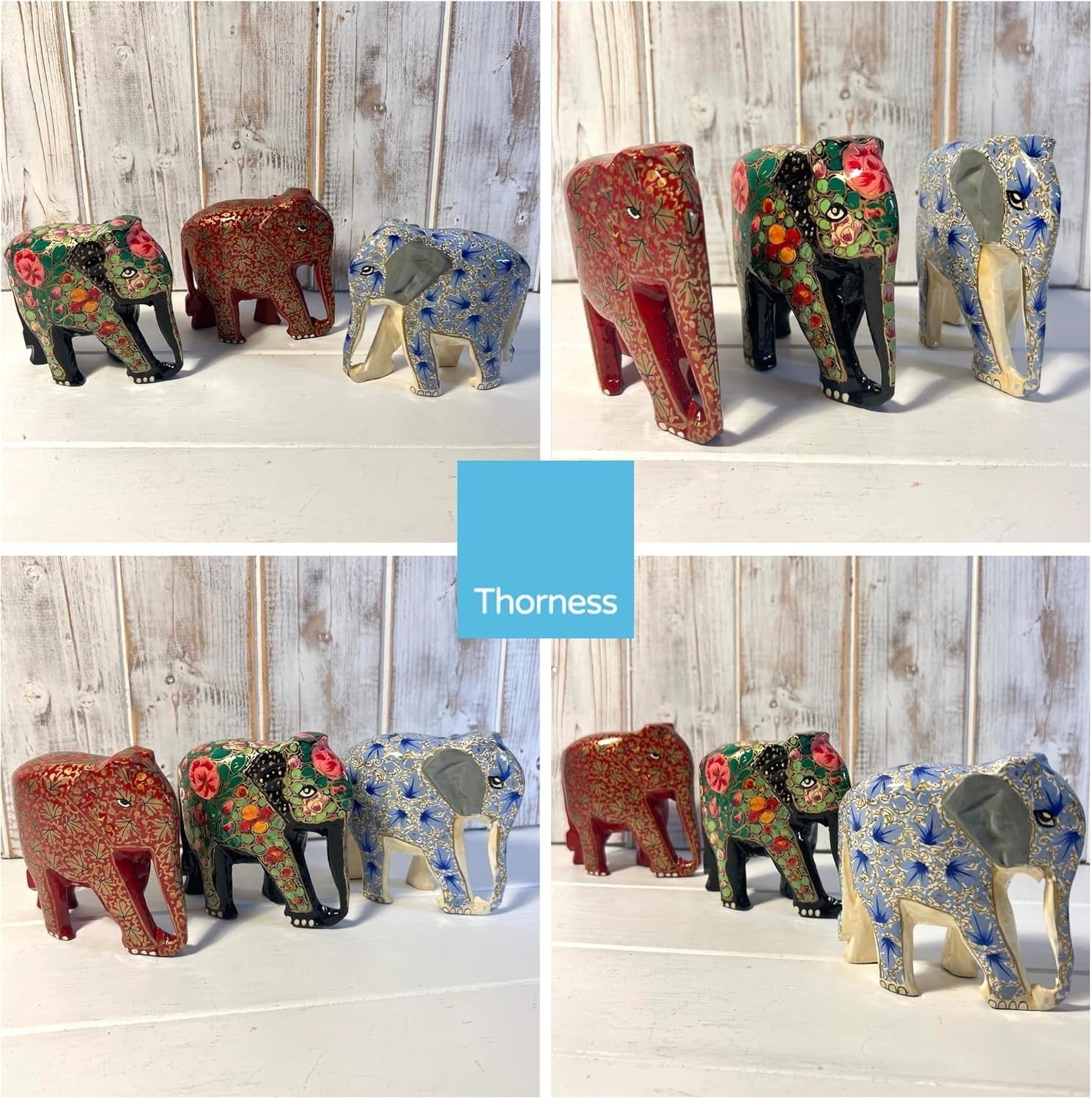 Set of 3 Paper Mache Elephant Ornaments | Colourful Wildlife Decor | Handmade