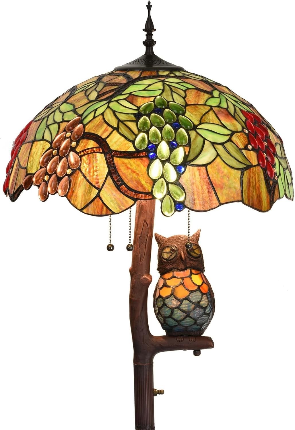 Stained Glass Floor Lamp 65" Tall, 18" Shade, Owl Design, 4-Light Antique