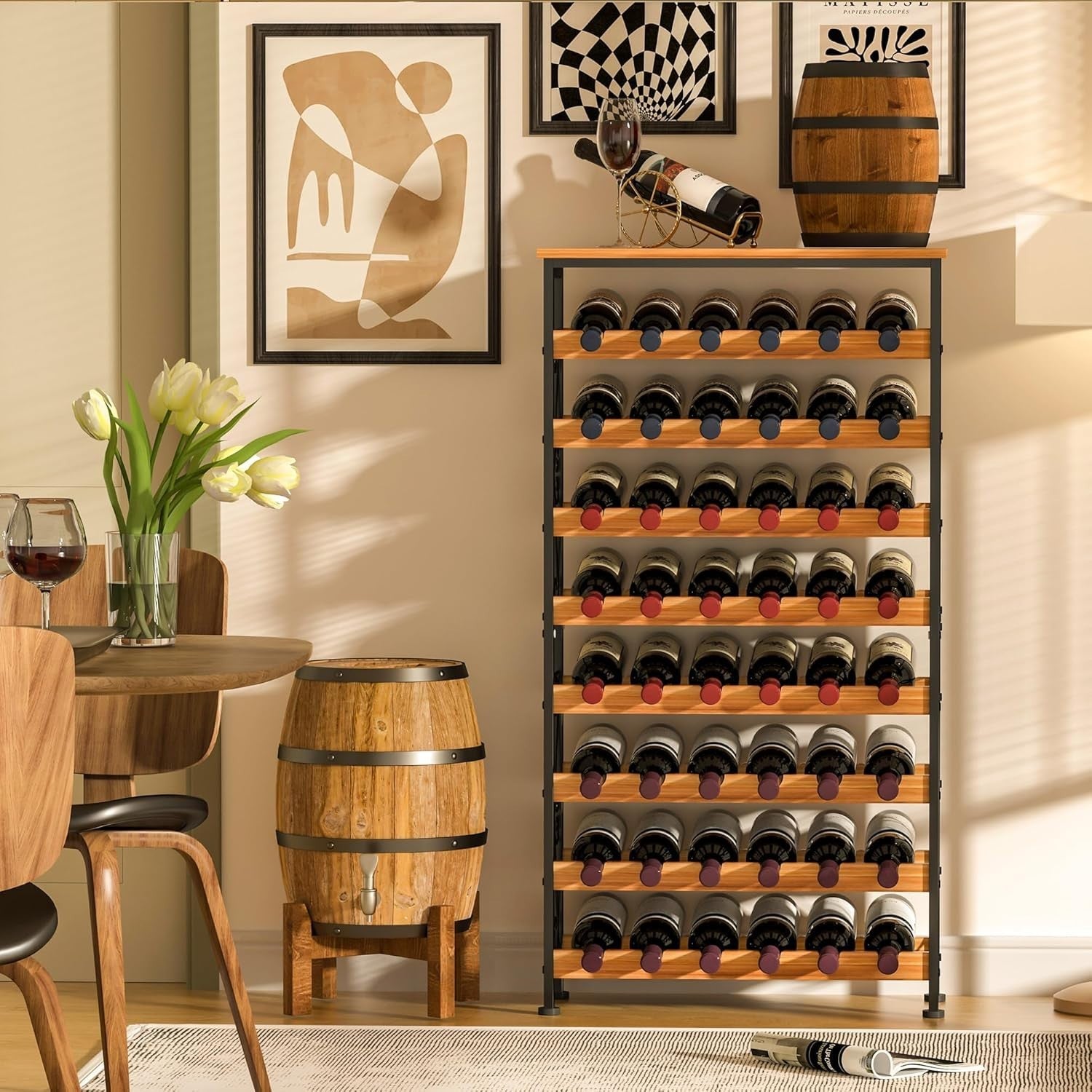 48 Bottle Wine Rack Floor Standing with Wood Top Shelf Rustic 8-Tier Storage