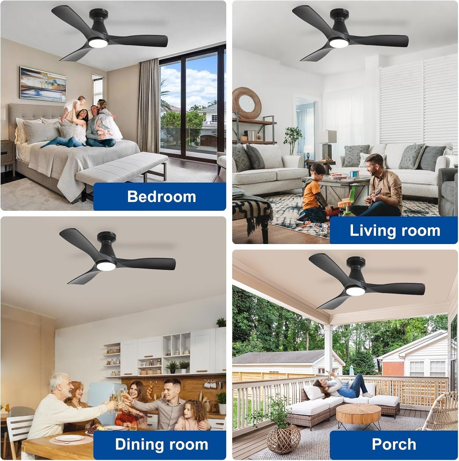 42" Ceiling Fan Light, 3-Blade Low Profile LED, Quiet Reversible Black