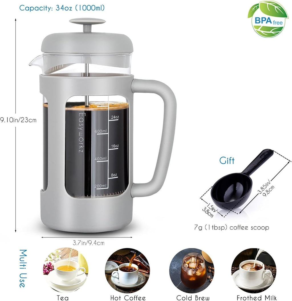 1000ml French Press Coffee Maker Borosilicate Glass Heat-Resistant Soft Grip