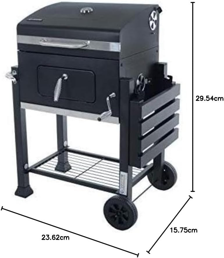 Large Charcoal BBQ Grill with Adjustable Heat Tray, Side Shelf & Wheels Outdoor