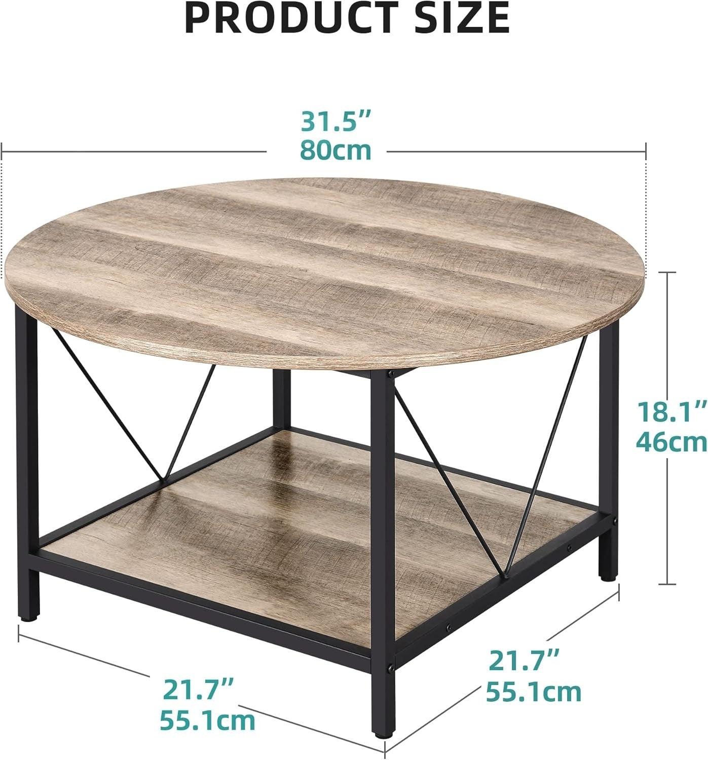 Round Coffee Table with Storage Shelf 80cm Industrial Rustic Metal Legs