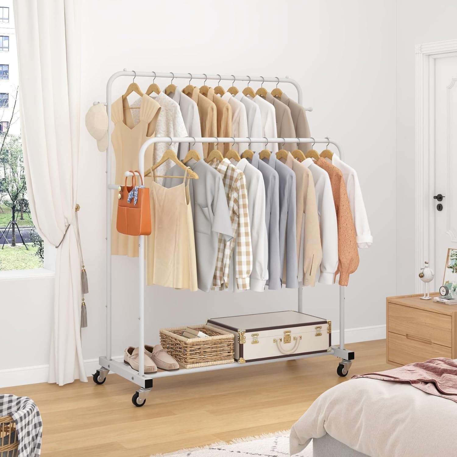 White Double Clothes Rail with Wheels & Hooks 169cm