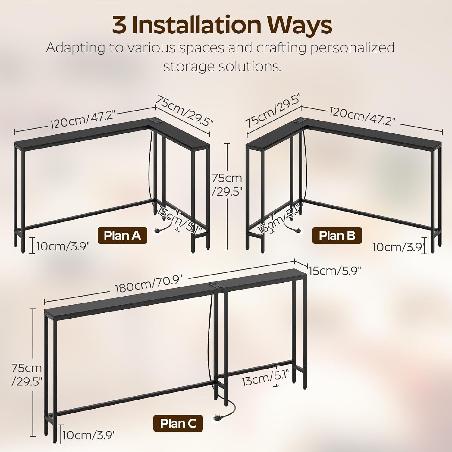 Slim L-Shaped Console Table with USB & Power Outlet – Narrow Space Saver
