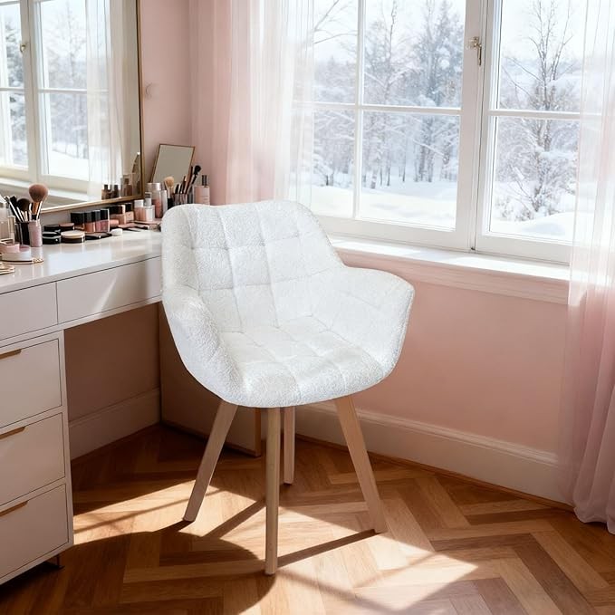 Boucle Swivel Accent Armchair Vanity Makeup Chair White Wood Legs
