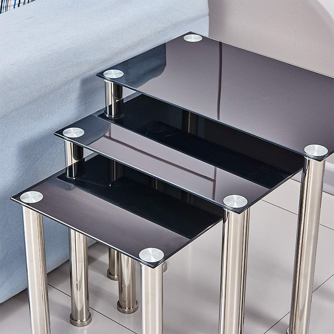 Space Saving Nesting End Side Coffee Tables Black Tempered Glass Metal Frame
