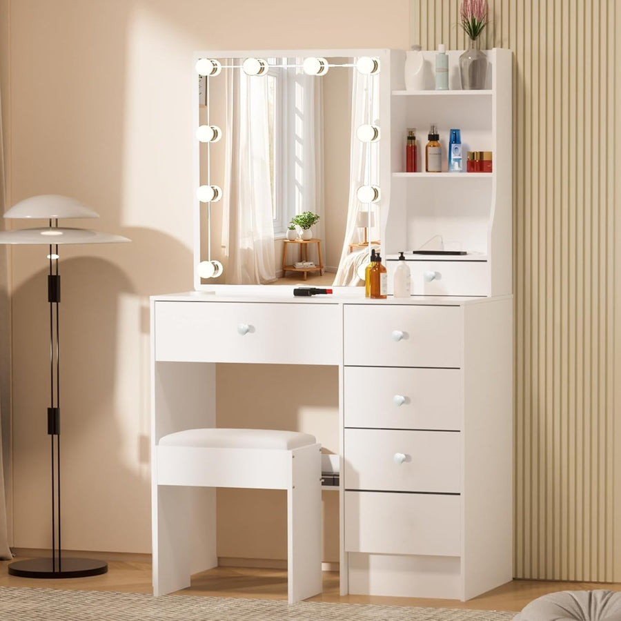 White Dressing Table Vanity Desk with Lighted Mirror 6 Drawers & Stool