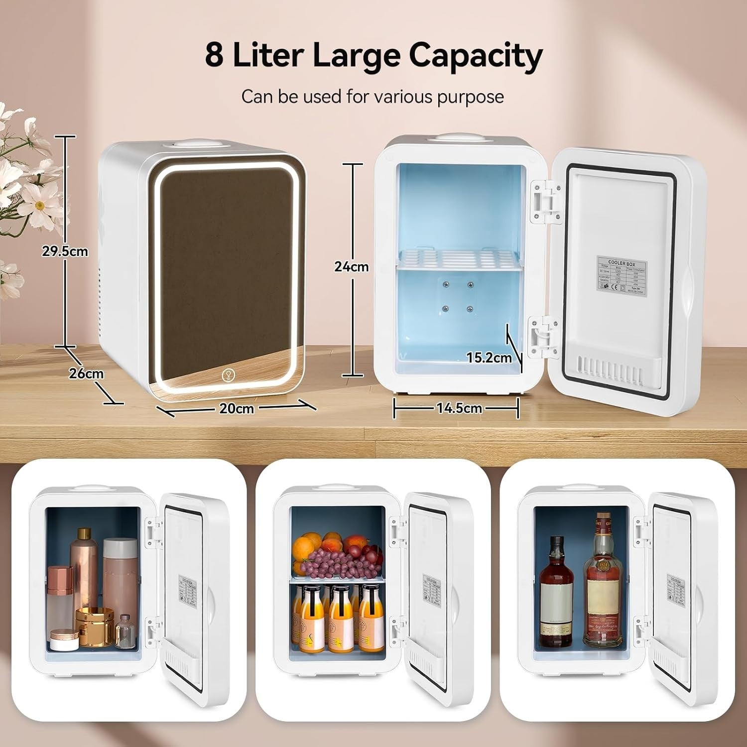 8L Portable Mini Skincare Fridge Cooler & Warmer LED Mirror AC/DC