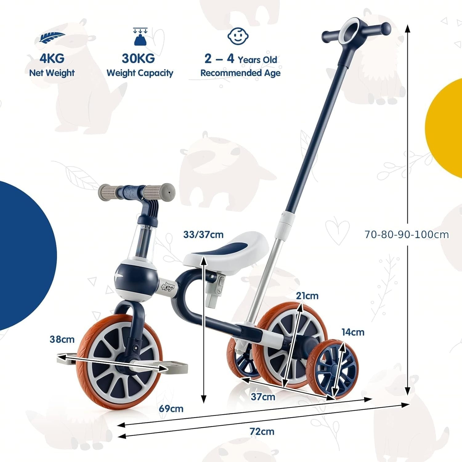 4 in 1 Kids Trike Balance Bike Push Tricycle Adjustable Handle EVA