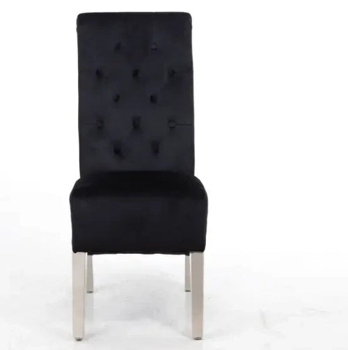 Pair Black Velvet Dining Chairs Lion Knocker Chrome Legs Quilted Back