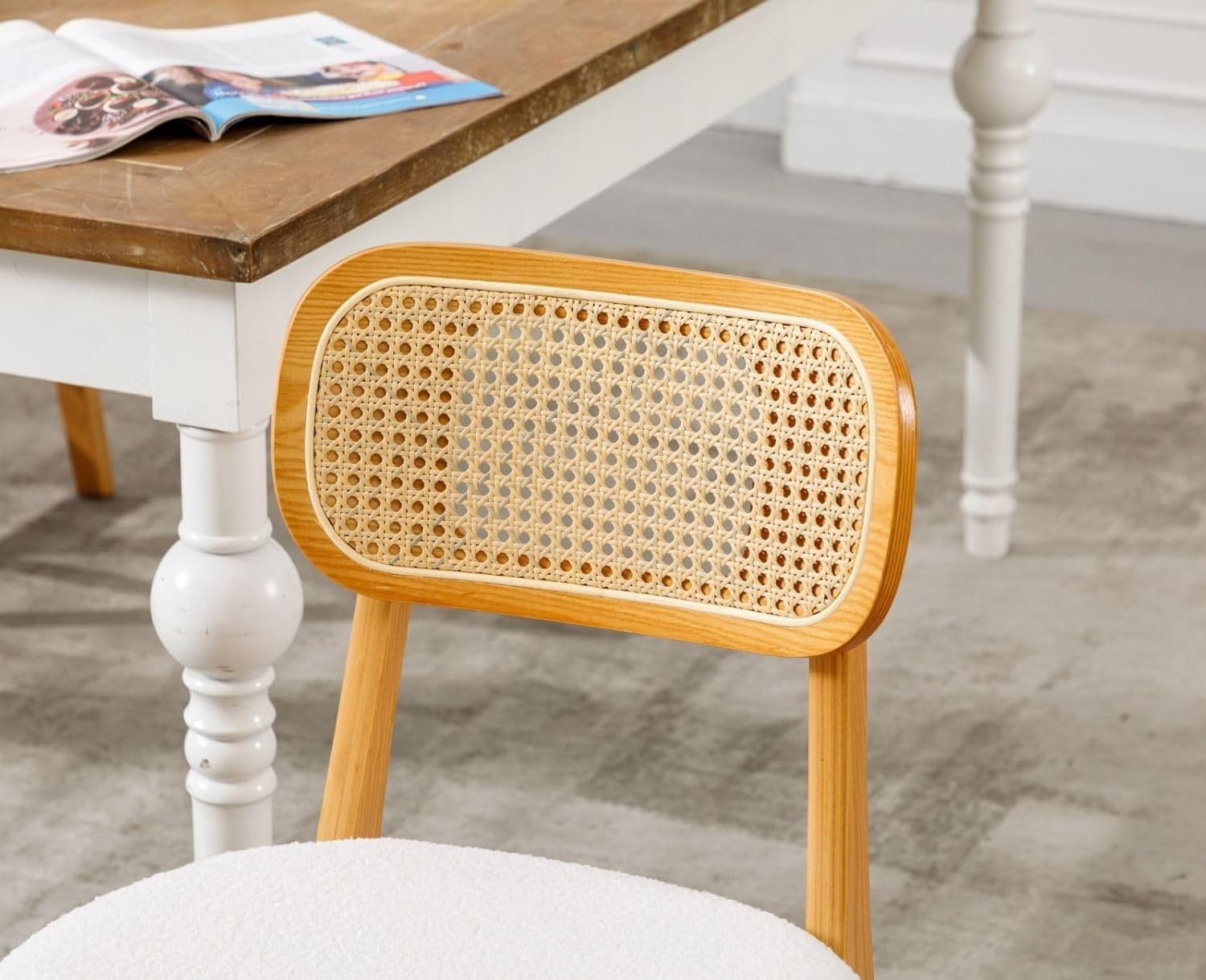 Rattan Dining Chairs Set of 2 Upholstered Retro Kitchen Chairs Solid Wood Legs