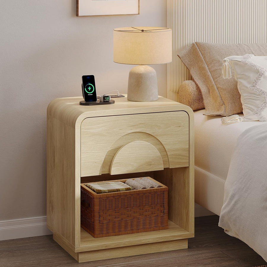 Modern Curved Bedside Table with Charging Station & Drawer Storage – Natural Woo