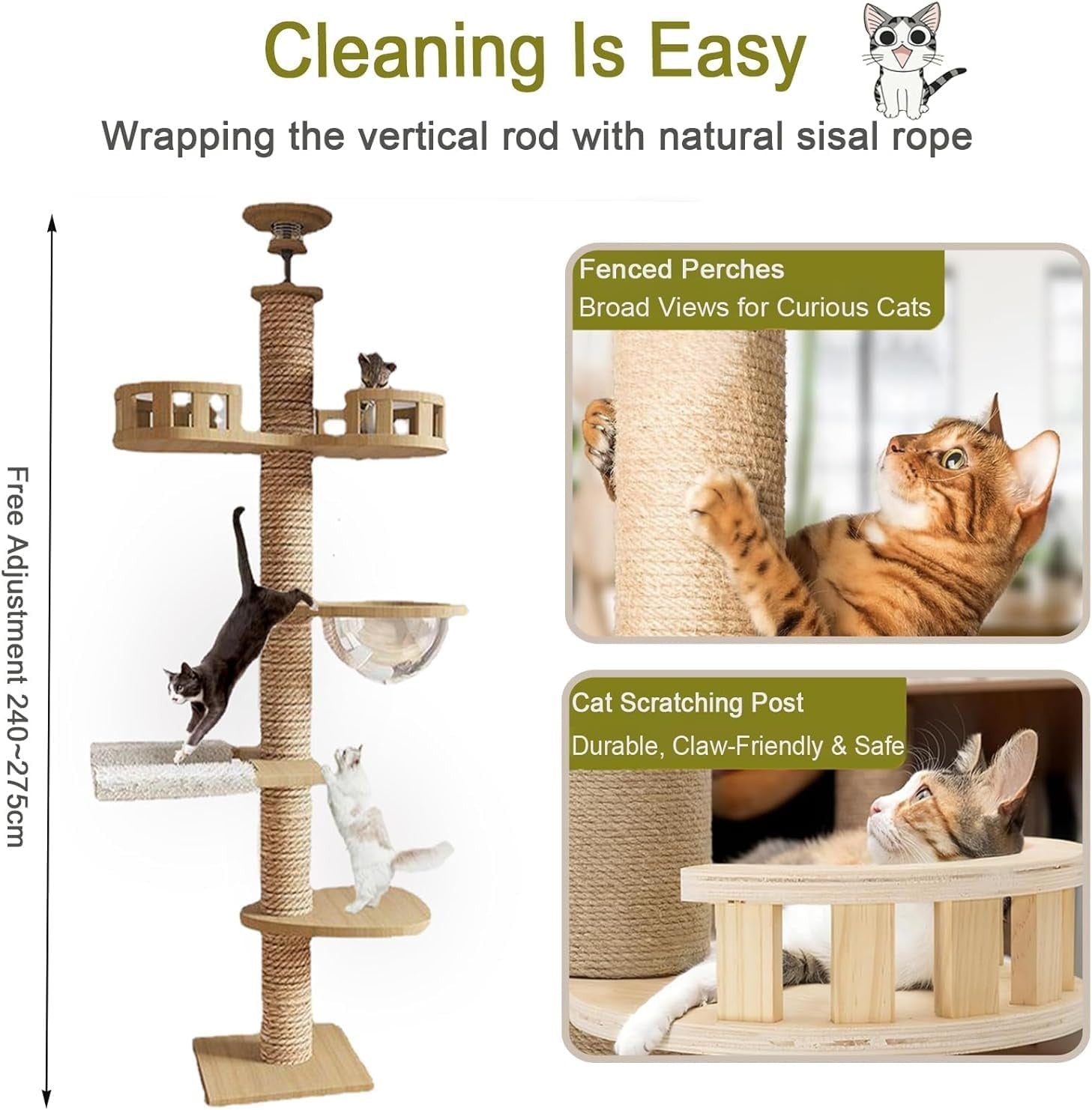 Floor to Ceiling Cat Tree Tower Adjustable Height Scratching Post Hammock