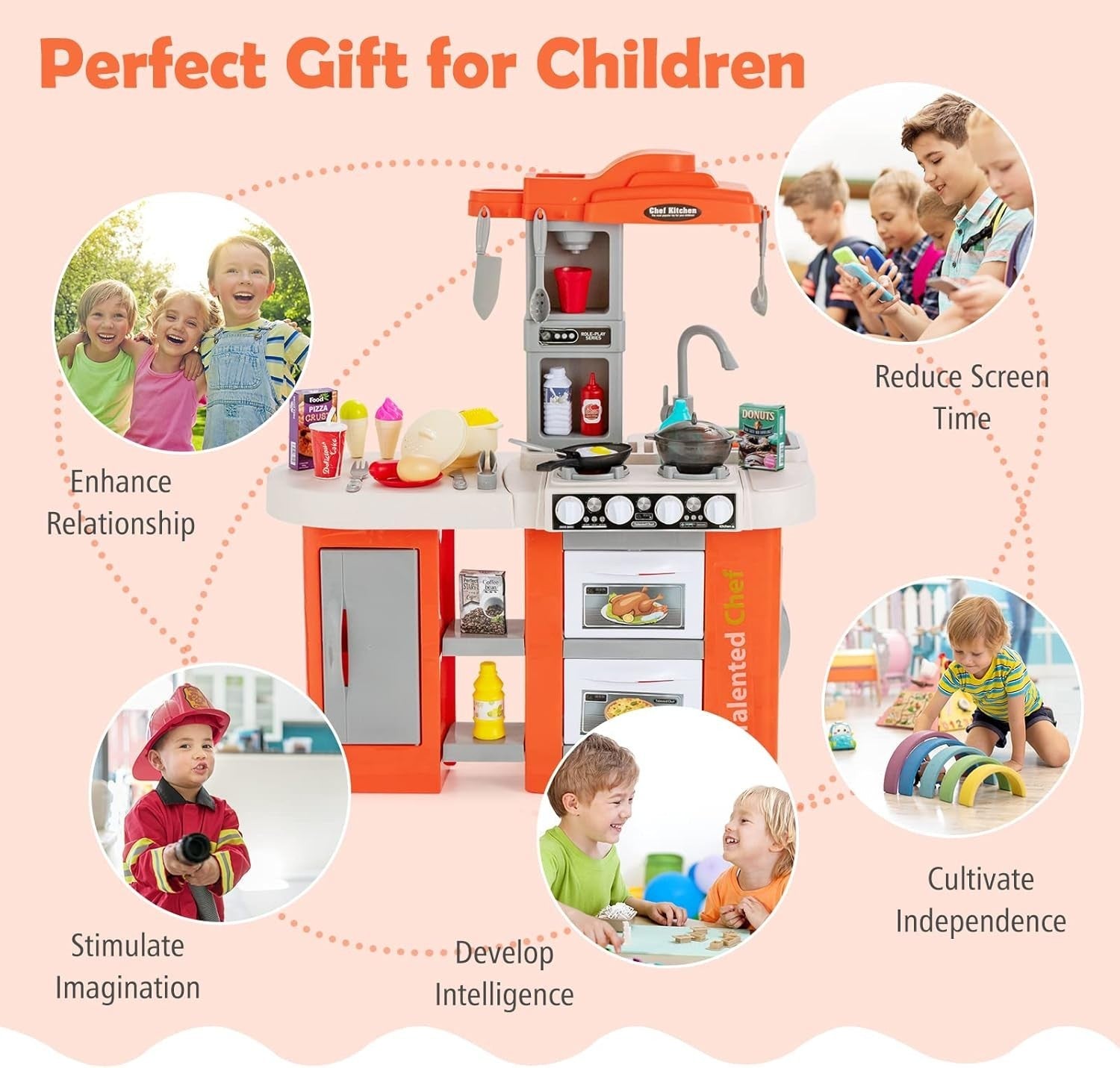 Kids Kitchen Playset w/ 67PCS Lights Sounds Steam Sink Orange