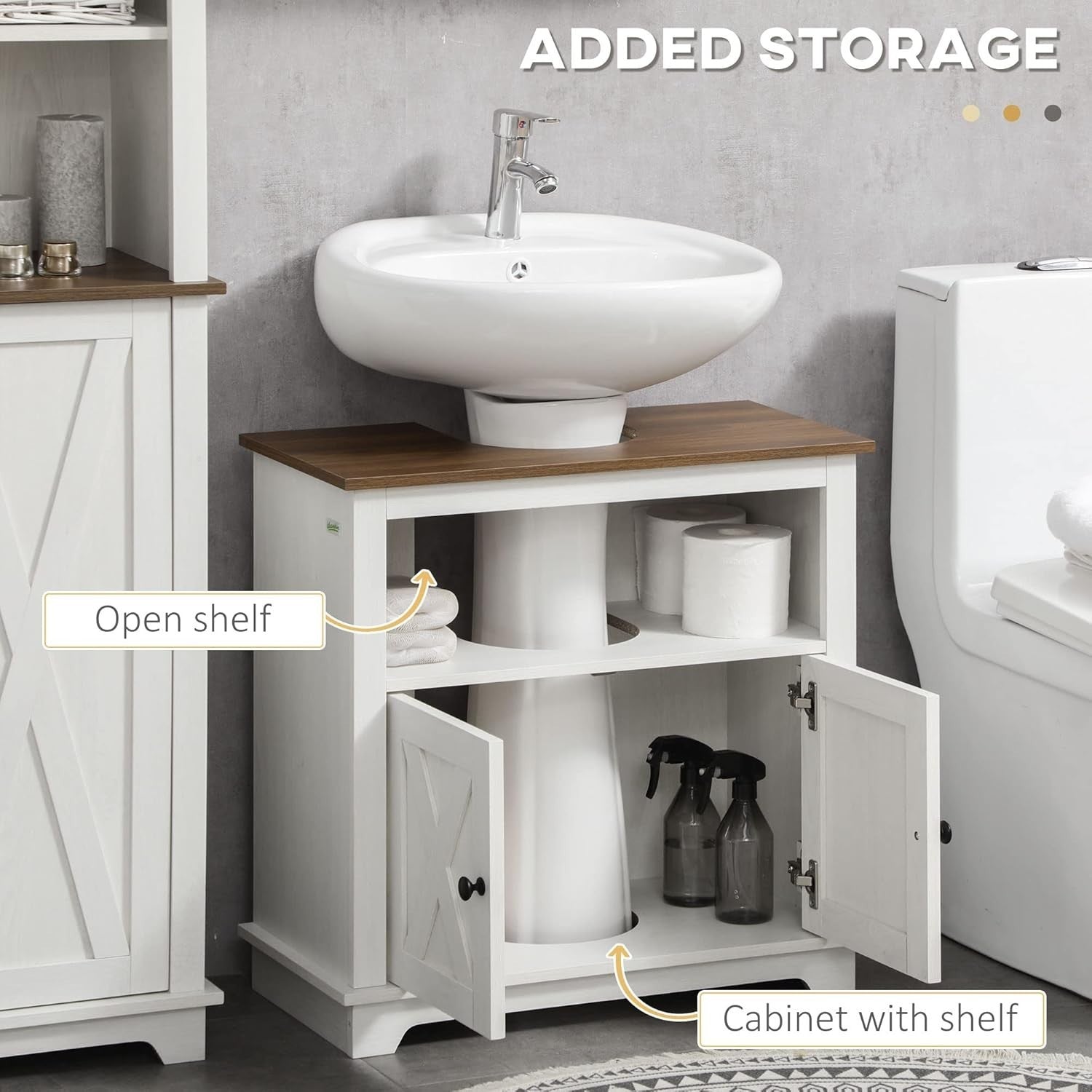 White Under Sink Bathroom Cabinet – 60cm Storage Unit with Doors & Shelf