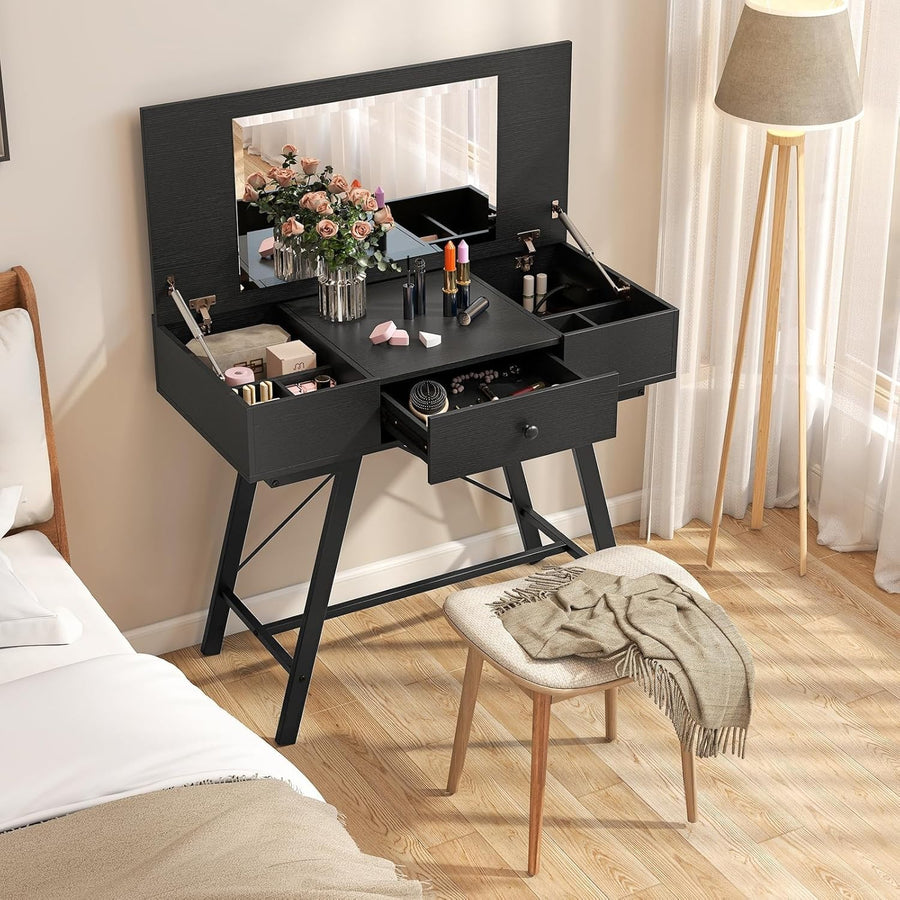 Dressing Table with Mirror Flip Top & Charging Station Vanity Desk Drawers