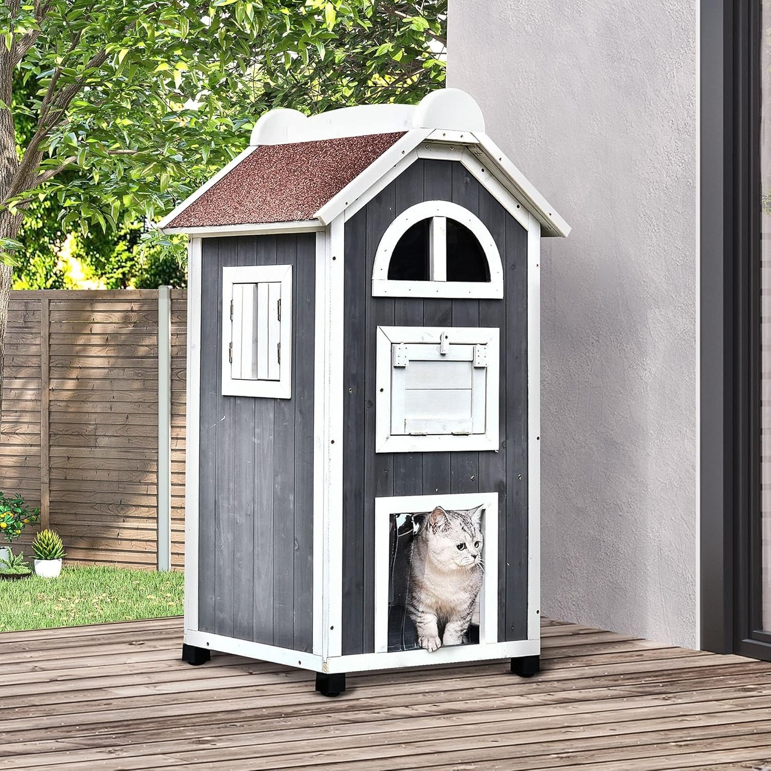 Outdoor Wooden Cat House 2-Floor Condo with Stairs & Weatherproof Roof