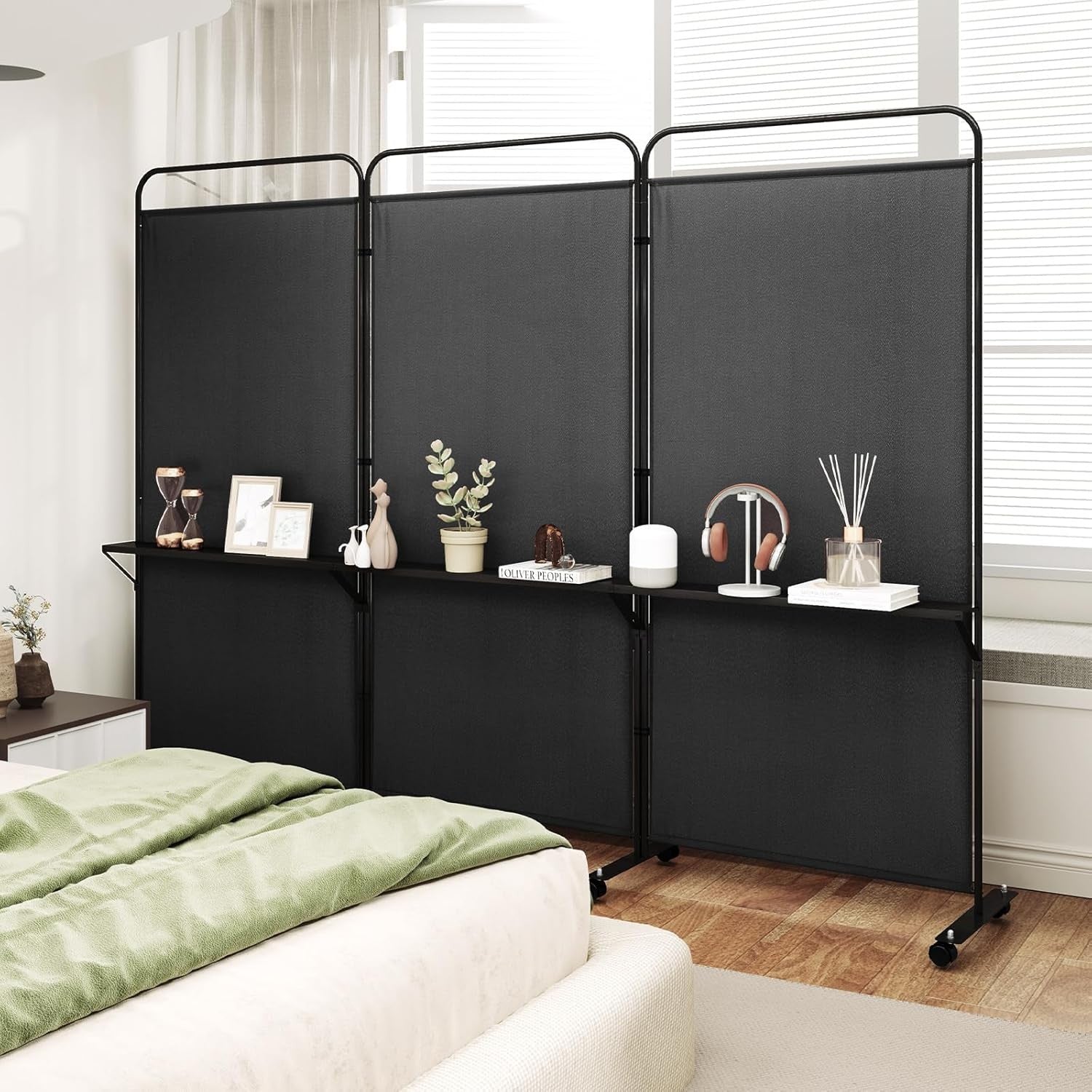3 Panel Black Folding Room Divider with Shelves & Wheels Privacy Screen 188cm