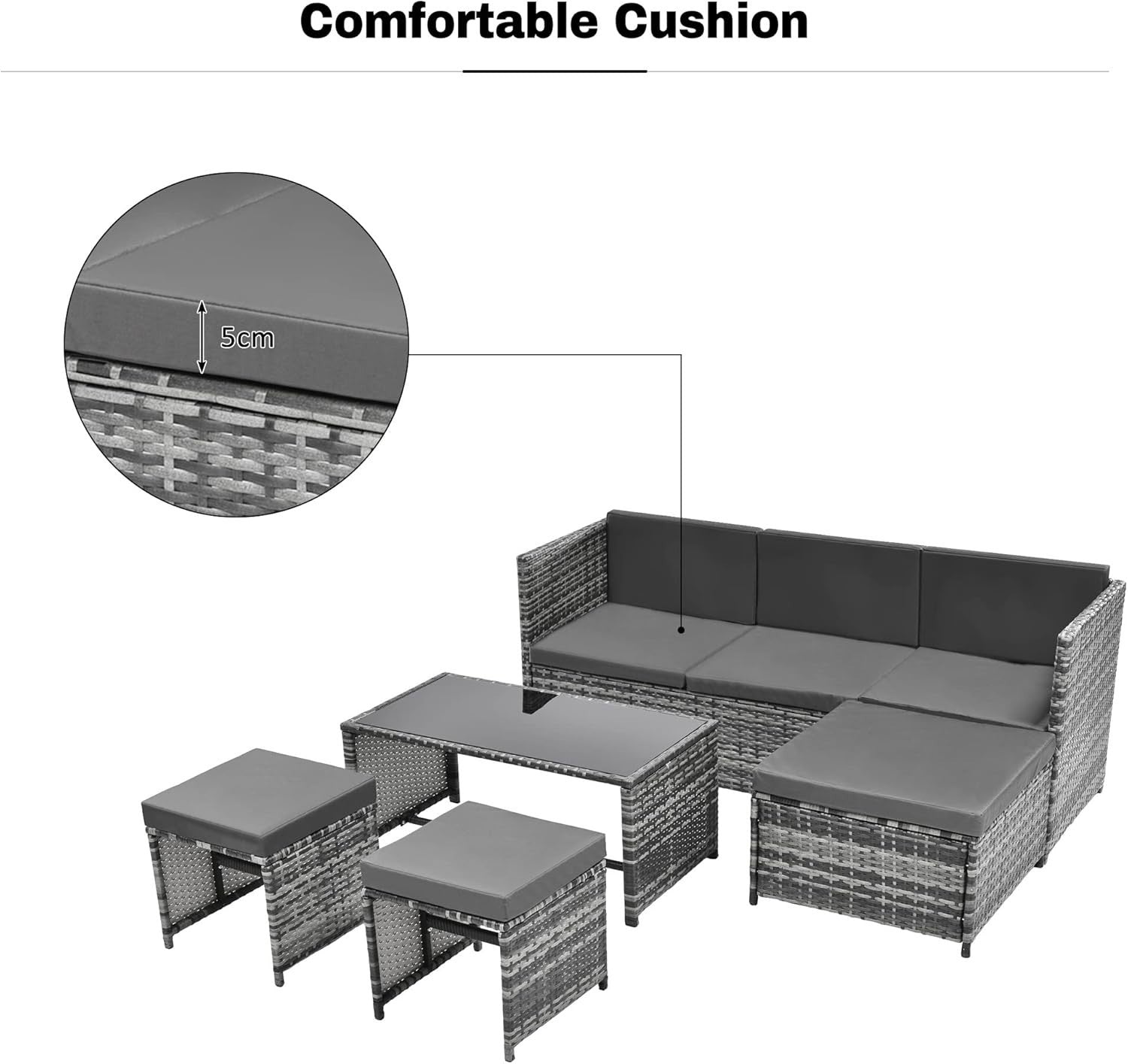 Grey 6-Seater Rattan Outdoor Corner Sofa Set with Cushions, Coffee Table & Stool