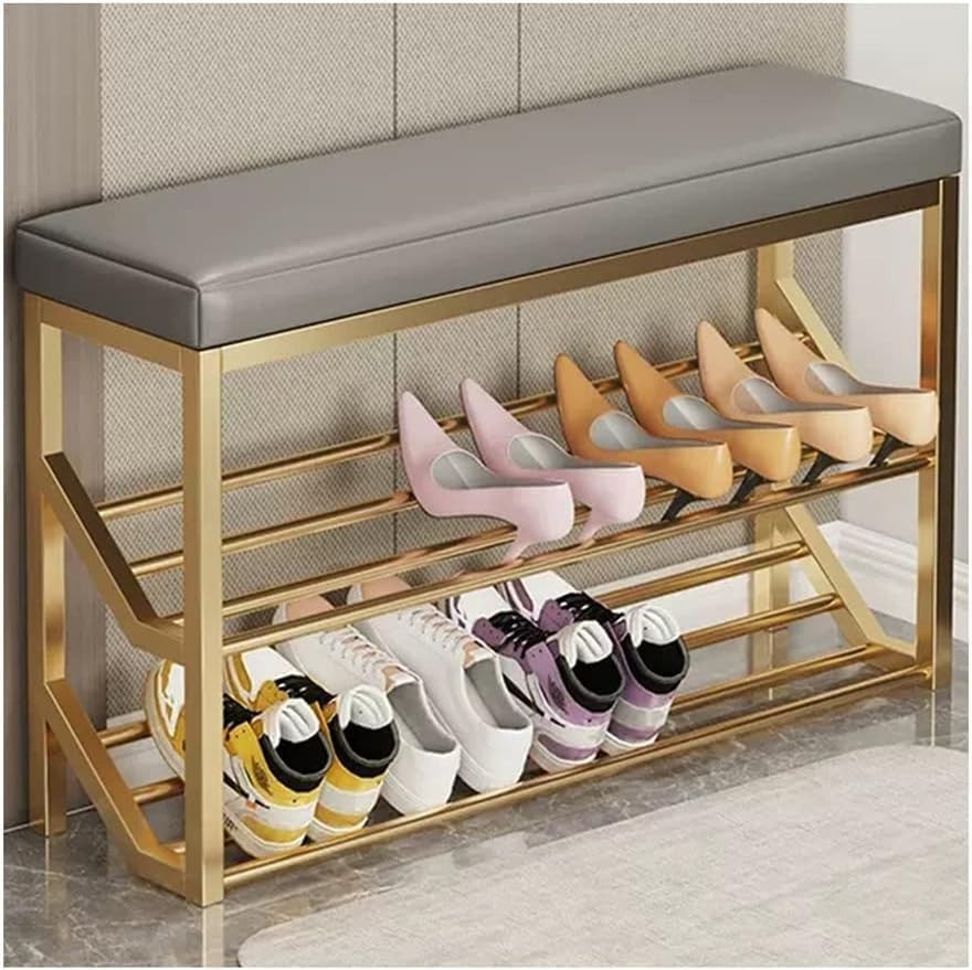 2-Tier Gold & Gray Entryway Shoe Rack Bench with Padded Seat