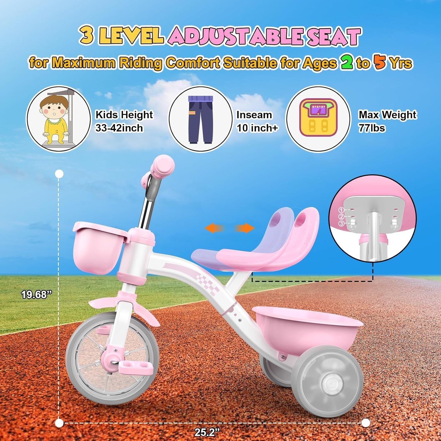 Girls Tricycle Balance Bike LED Light Wheels Adjustable Seat Pink 2-5Y