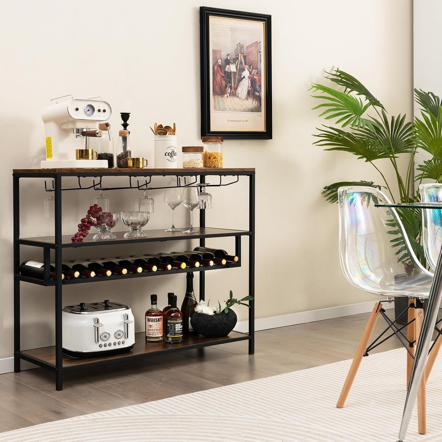 4-Tier Wine Rack Bar Table with Glass Holder, Rustic Shelving Unit 102x40x87cm