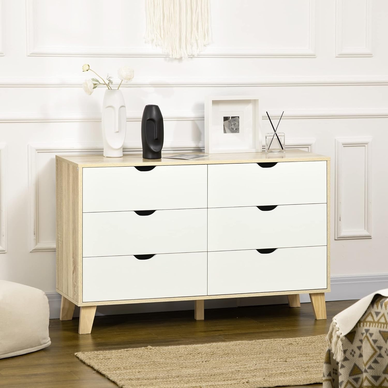 Wide 6 Drawer White Wood Dresser Chest, Modern Storage Unit for Living Room