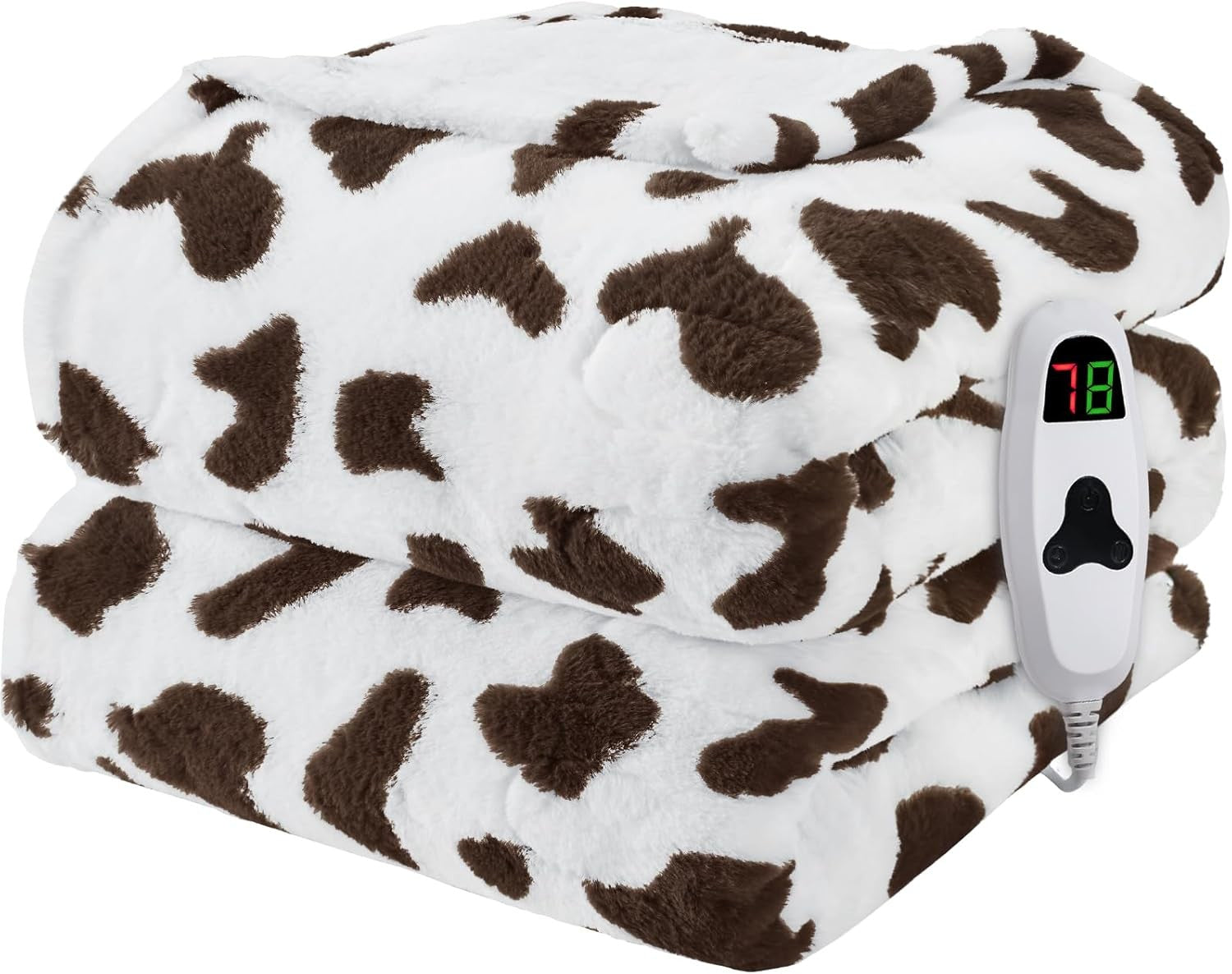 Electric Heated Throw Blanket Cow Print Sherpa 10 Heat Auto Off Washable