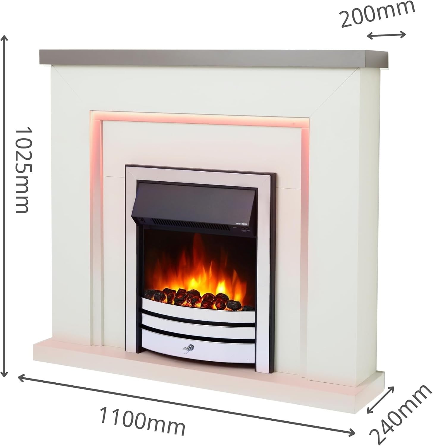 Electric Fireplace Suite 42" LED Flame Fire Remote White Grey Chrome